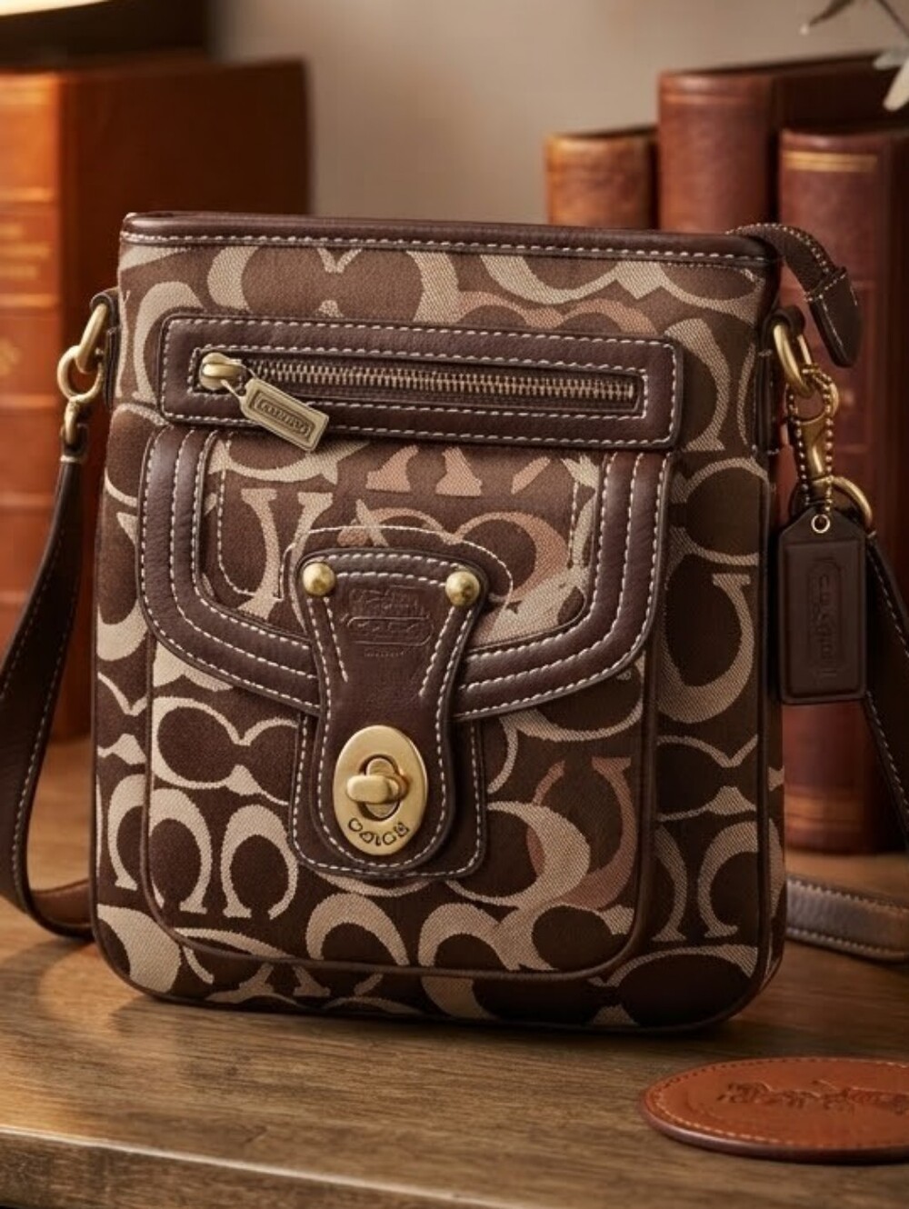 Coach Vintage Brown Signature C Canvas Crossbody Bag Brass Hardware Turnlock Poc